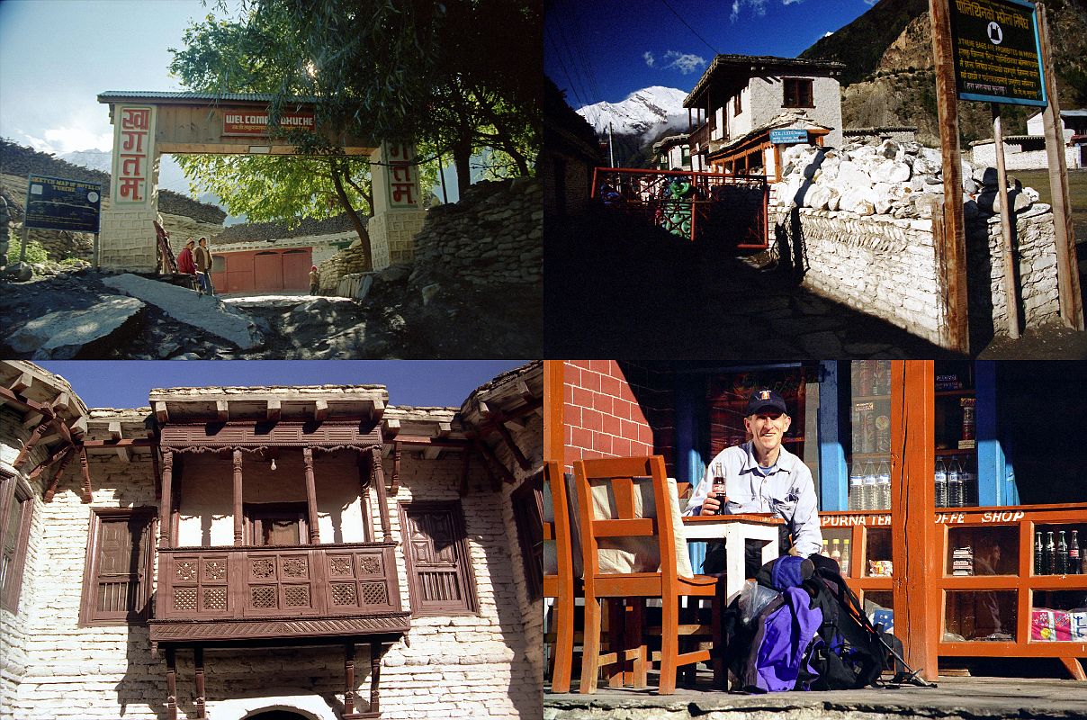 302 Tukche Entrance, Mani Wall, Carved Wooden Balcony, Jerome Ryan Drinking A Coke